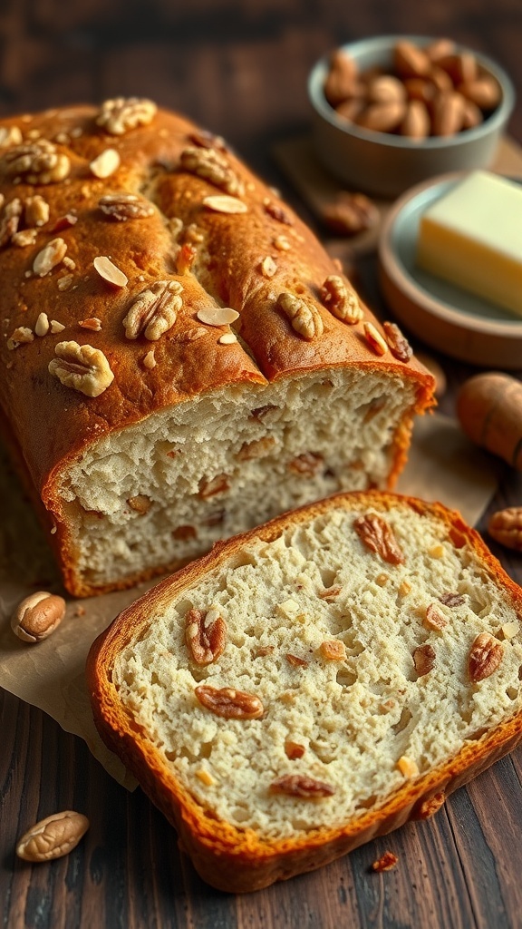 Nutty Yeast Bread Recipe A golden-brown loaf of nut bread sliced to show its soft texture and nut pieces, with a rustic table setting.